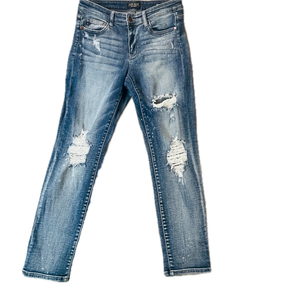 Judy Blue Boyfriend Jeans Womens 9/29 Distressed Medium Wash Denim Mid Rise Blue